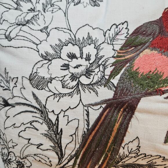 Linen Blend Lumbar Pillow Black White w/colored Floral Embroidered Birds Zipper - Picture 4 of 7